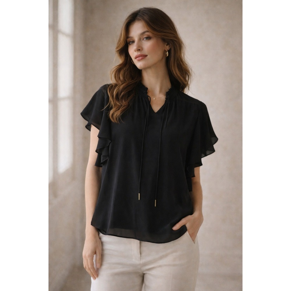 T Tahari Black Ruffle Sleeve Blouse XS Petite Sheer Overlay Top